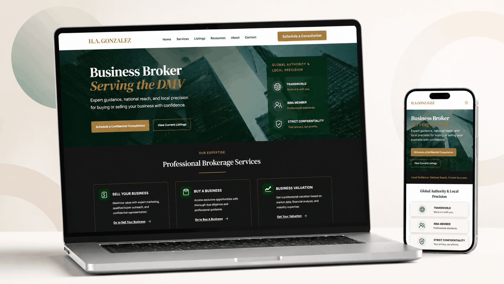 H.A. Gonzalez modern WordPress business brokerage website built with Kadence